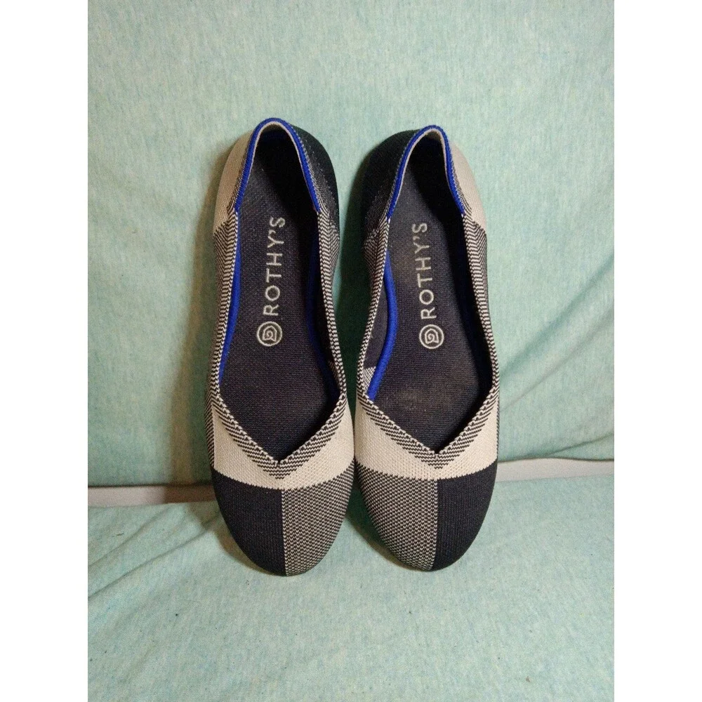 Rothy's Black and Cream Knit Flats with Blue Trim
